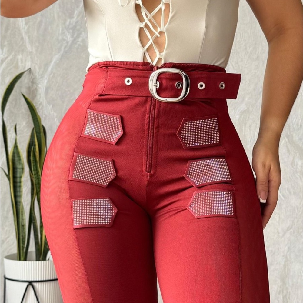 Stylish Red Women's Pants with Rhinestone Accents